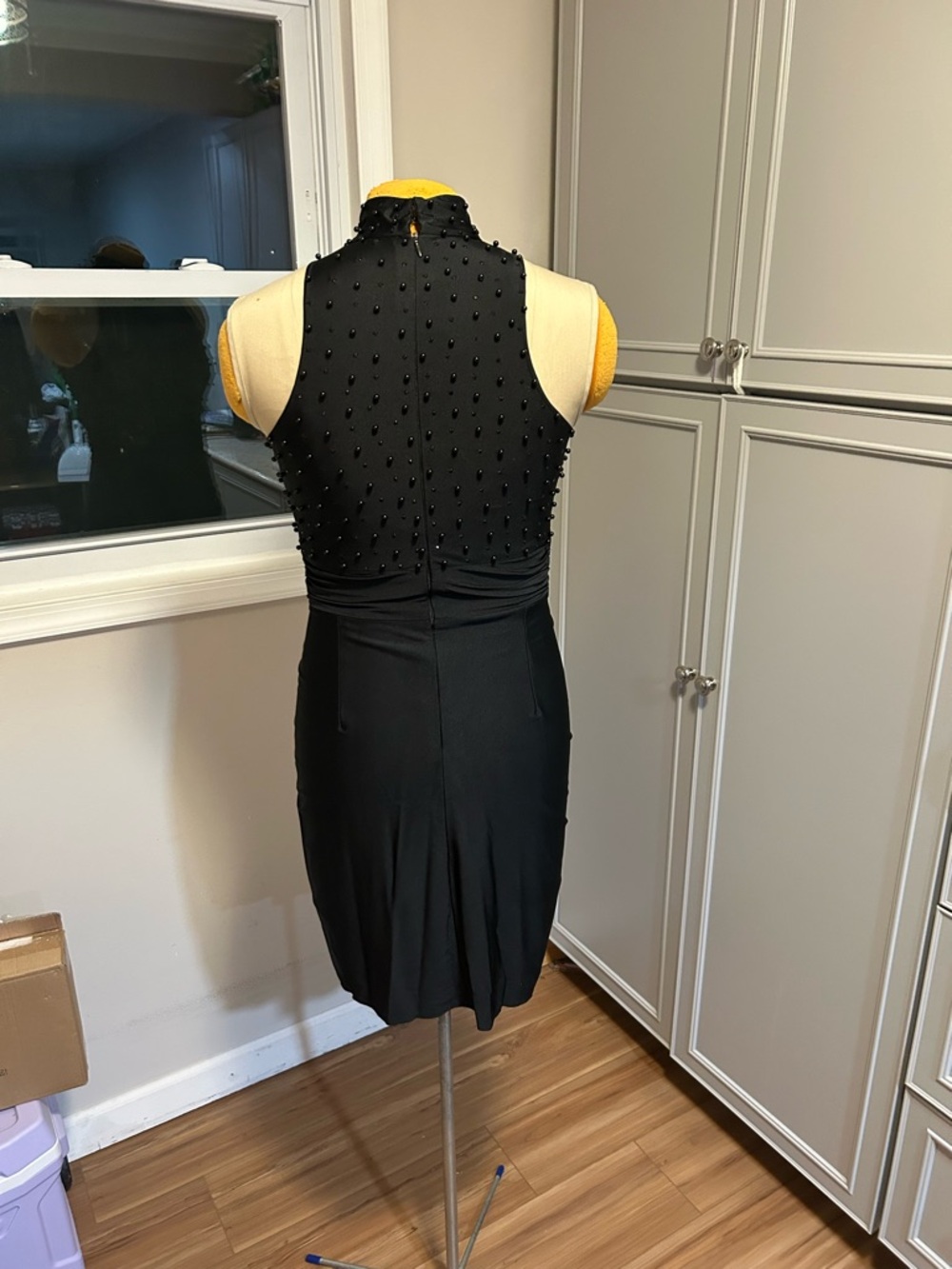 Vintage 90s Black Beaded Mock-Neck Cocktail Dress Size Medium Stretch - Picture 2 of 4